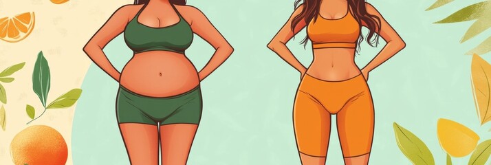 Poster - Transformation of fitness journey showcasing body change from overweight to athletic with vibrant colors and natural elements