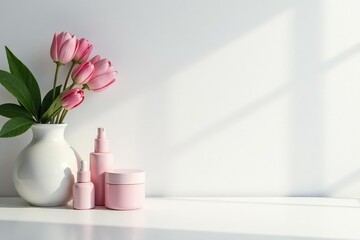 Wall Mural - Clean, minimalist white backdrop for cosmetic display, aesthetic, design