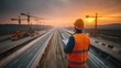 © 2D_Jungle - Construction worker assessing highway progress at sunset outdoor site landscape view infrastructure development