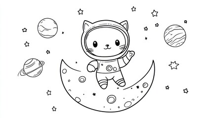  Cute cat astronaut on moon, space background, coloring page, kids activity (1)