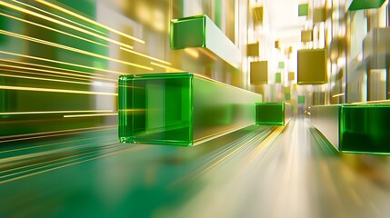 Wall Mural - dynamic abstract green blocks in motion with light trails in a futuristic digital environment