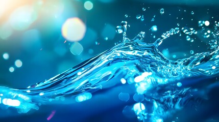 Wall Mural - dynamic blue water splash with droplets and bokeh reflections creating an abstract atmosphere