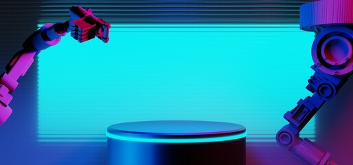 Wall Mural - technology scifi robot industrial arm with frame border led banner sign for cyberpunk gaming product