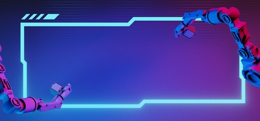 Wall Mural - technology scifi robot industrial arm with frame border led banner sign for cyberpunk gaming product