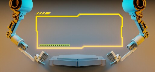 Wall Mural - technology scifi robot industrial arm with frame border led banner sign for cyberpunk gaming product