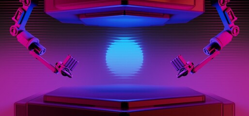 Wall Mural - technology scifi robot industrial arm with frame border led banner sign for cyberpunk gaming product