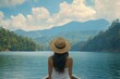 © Elvira - Woman in straw hat enjoying peaceful lake and mountain view