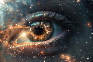Wall Mural - a human eye reflecting a vast galaxy with stars and colorful cosmic formations, symbolizing imaginat