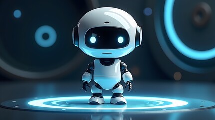 cute ai robot with glowing eyes on a platform. modern tech art, perfect for futuristic concepts and 