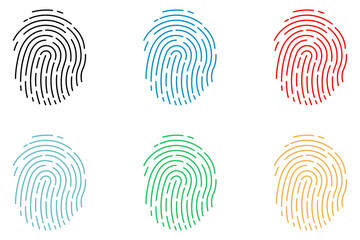 set of six fingerprint icons in black, blue, red, teal, green, and yellow. ideal for biometric secur
