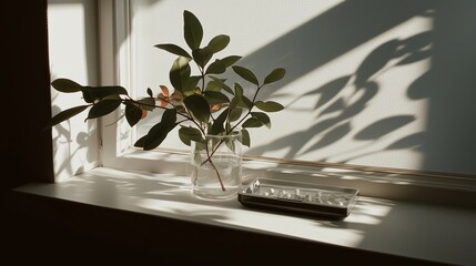 Wall Mural - natural light illuminating a plant on a windowsill with shadows creating an artistic display