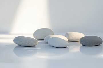Aufkleber - Minimalist arrangement of smooth river stones on a white surface highlighting soft lighting and neutral colors for a calm aesthetic