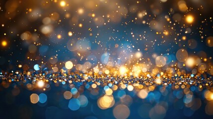 Sparkling golden bokeh background with blue highlights