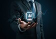 © Ozz - A businessman in a suit holding a glowing AI chip with a stock market graph, symbolizing business and innovation.