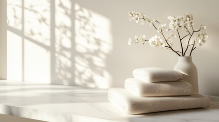 Wall Mural - soft towels and elegant flowers create a calm atmosphere in a sunlit room