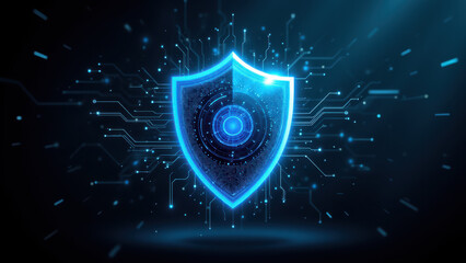 Wall Mural - Blue shield with cyber graphics on grey background