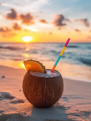Poster - Refreshing summer cocktail in a coconut shell at sunset on a tropical beach