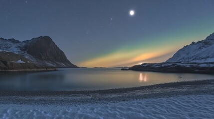 Wall Mural - Aurora borealis illuminating snowy lofoten islands beach at night