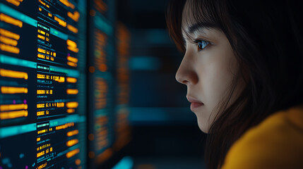 A young female developer intensely studies lines of code displayed on multiple screens, in a dimly lit setting, her focus and concentration are evident. 