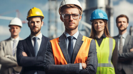 Double exposure graphic of business people working over wind turbine farm and green renewable energy worker interface. Concept of sustainability development by alternative energy.