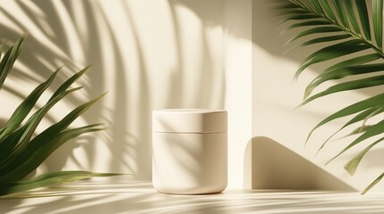 Wall Mural - natural light casts soft shadows on a minimalist container surrounded by lush green leaves in a brig