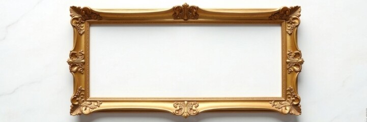 golden frame with ornate details on a white marble background, set against a subtle gradient, luxury