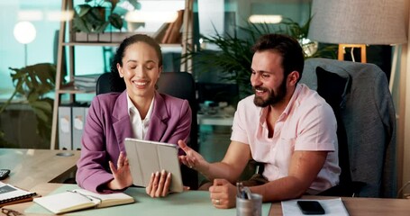 Aufkleber - Collaboration, planning and tablet with business people in office together for financial report. Conversation, meeting and research with employee team in workplace for administration or discussion