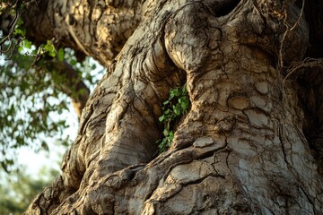 ancient tree trunk with textured bark and vibrant green shoots growing within its crevices.