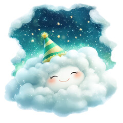 Wall Mural - Cloud's Celebration: A cheerful cloud wearing a party hat, floating amidst a starry sky and soft, fluffy cloud formations, perfect for children's designs