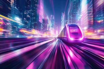 Poster - Futuristic train speeds through vibrant cyberpunk cityscape with neon reflections and motion blur at night