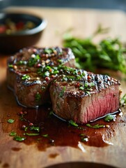 Aufkleber - Marbled steak garnished with fresh herbs on a wooden cutting board in deep contrast lighting