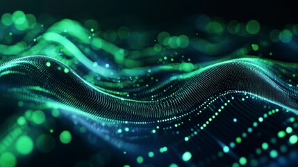 Fototapete - Abstract green and blue wave particle background. (1)