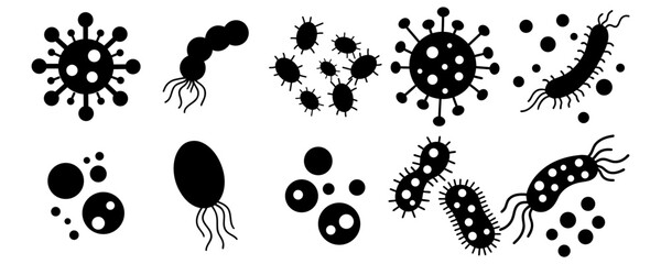 Bacteria, microbe, virus outline vector icon set. Microscopic bacterium and bacillus collection, isolated on white background