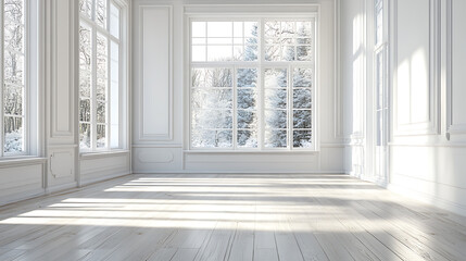 Poster - Modern living room, large windows, hardwood flooring, white decor and floor