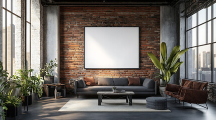 Poster - Modern loft interior with blank white poster, a fusion of industrial charm and chic design elements