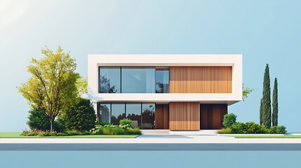 Aufkleber - Modern luxury minimalist cubic house, villa with wooden cladding and panel walls and landscaping design front yard, residential architecture exterior