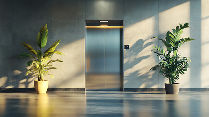 Poster - Modern office lobby interior with elevator and reception desk, docorative plant and concrete flooring, hotel or workplace hall concept, 3d rendering