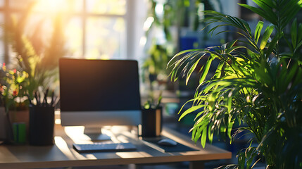 Poster - Modern office space with plants and computers ready for work