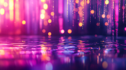 Poster - Neon lights and water reflections in a dark city streetabstract night background with blurred bokeh effect