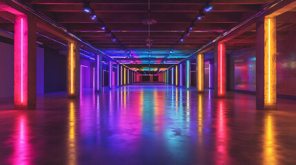 Fototapete - Night view, neon reflection on the concrete floor, abstract neon light corridor background, empty stage room corridor, 3d artwork