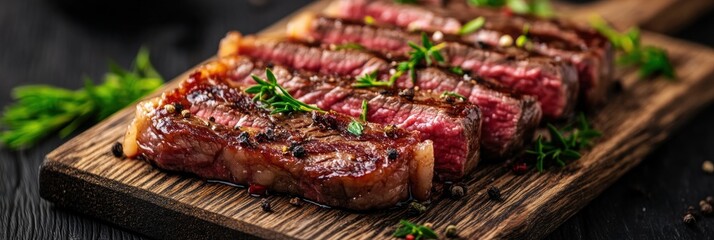 Aufkleber - Fresh marbled steak garnished with herbs on a wooden board showcasing deep contrast lighting in a rustic kitchen setting