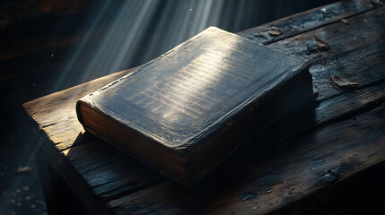 Poster - Old magic book on wooden table with light rays coming out form the inside