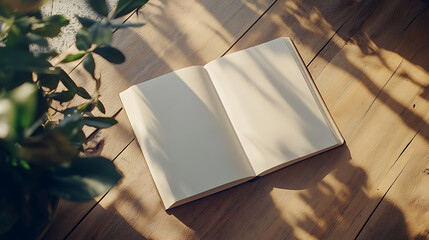 Poster - Open book on wooden background, blank brochure mockup, open book on wooden table, open book on wood background
