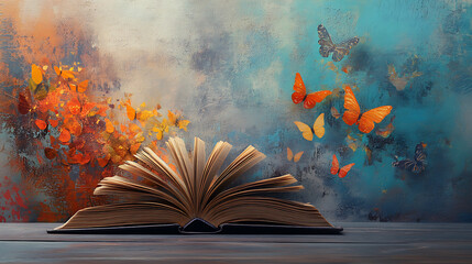 Aufkleber - Open book on wooden table over grey background, back to school concept