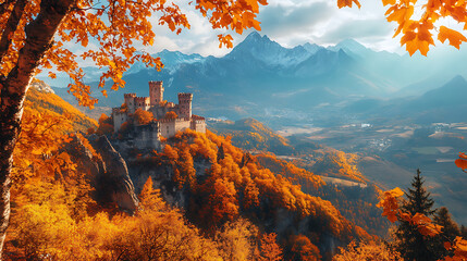 Poster - Orange foliage, fairytale palaces and mountain landscape