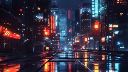 Poster - Panoramic side view asphalt road on night, futuristic illustration of future technologies