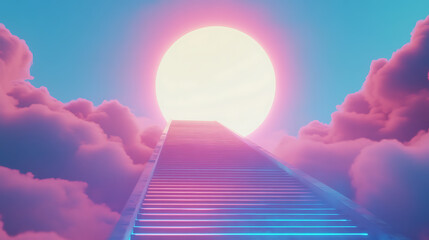 Poster - Path to heaven concept, with stairs leading to bright sun in the sky, illustration