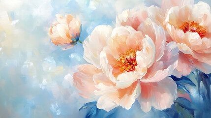 Poster - Peach-colored peony flowers on soft blue painted from acrylic oil bright paint large strokes