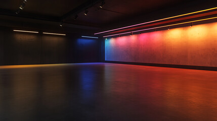 Fototapete - Perspective view on multi colored neon lamps along dark wall in spacious empty hall with blank concrete floor for your product presentation, 3d rendering, mock up