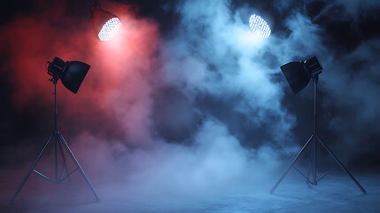 Poster - Photography studio background with spotlights and smoke